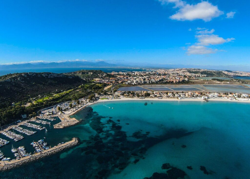 a bird's eye view of a beach and marina